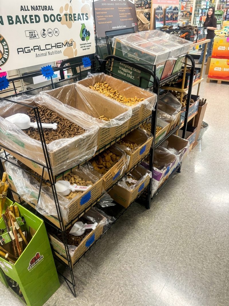 Self-serve bins of baked treats and chews